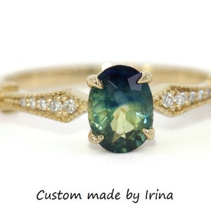 1 ct Parti Blau Grün Natürlicher Saphir Verlobungsring Edwardian Style Inspiriert 14k Massivgold