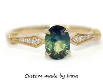 1 carat Parti Blue Green Natural Sapphire Engagement Ring Edwardian Style Inspired