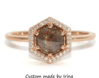1.2 carat Hexagon Natural Diamond Halo Rustic Low Set Ring