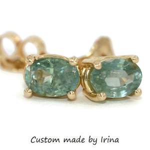 Custom-made Teal Pastel Green Oval Natural Sapphire Stud Earrings 14k Solid Gold 1.5 carat
