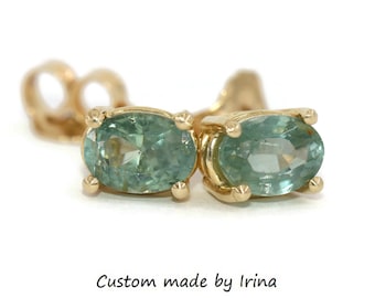 Custom-made Teal Pastel Green Oval Natural Sapphire Stud Earrings 14k Solid Gold 1.5 carat