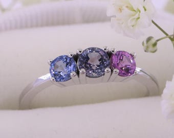 Ombre 3 Stone Purple Blue Natural Sapphires Cluster Ring 14k Solid Gold