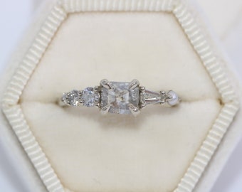 Custom-made Salt and Pepper Ice Gray Natural Diamond Linear Cluster Ring with Pearl