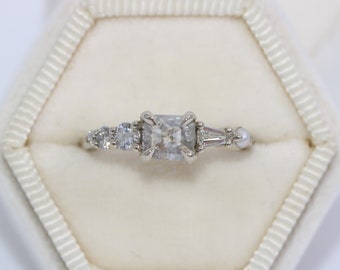 Custom-made Salt and Pepper Ice Gray Diamond Linear Cluster Ring with Pearl