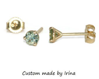 Martini Round Pastel Teal Green Natural Sapphire Stud Earrings 14k Solid Gold