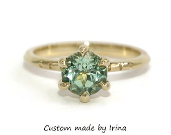 1 carat Green Natural Sapphire 6 Eagle Claw Prongs Etched Knife Shank Solitaire Ring