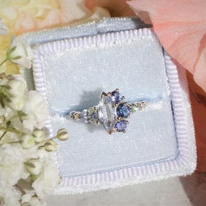 One Of A Kind Light Teal Blue Sapphire Cluster Engagement Ring, Pastel Blue Marquise Sapphire Multi Color Ombre Ring image 2