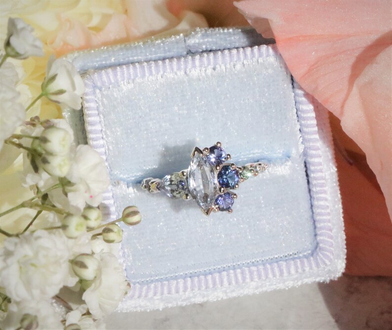 One Of A Kind Light Teal Blue Sapphire Cluster Engagement Ring, Pastel Blue Marquise Sapphire Multi Color Ombre Ring image 2