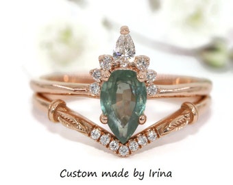 1 carat Pear Teal Pastel Green Sapphire Sunburst Diamond Engagement Ring