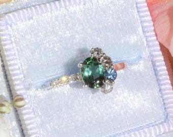 1 carat Oval Green Natural Tourmaline + Diamonds Crescent Ombre Cluster Ring
