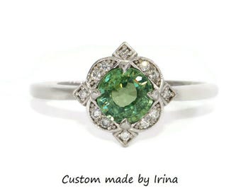 1 carat Round Teal Green Natural Sapphire Engagement Ring with Vintage Style Diamond Halo
