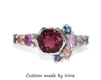 1.5 carat Natural Tourmaline and Sapphires Pink Peach Ombre Cluster Ring