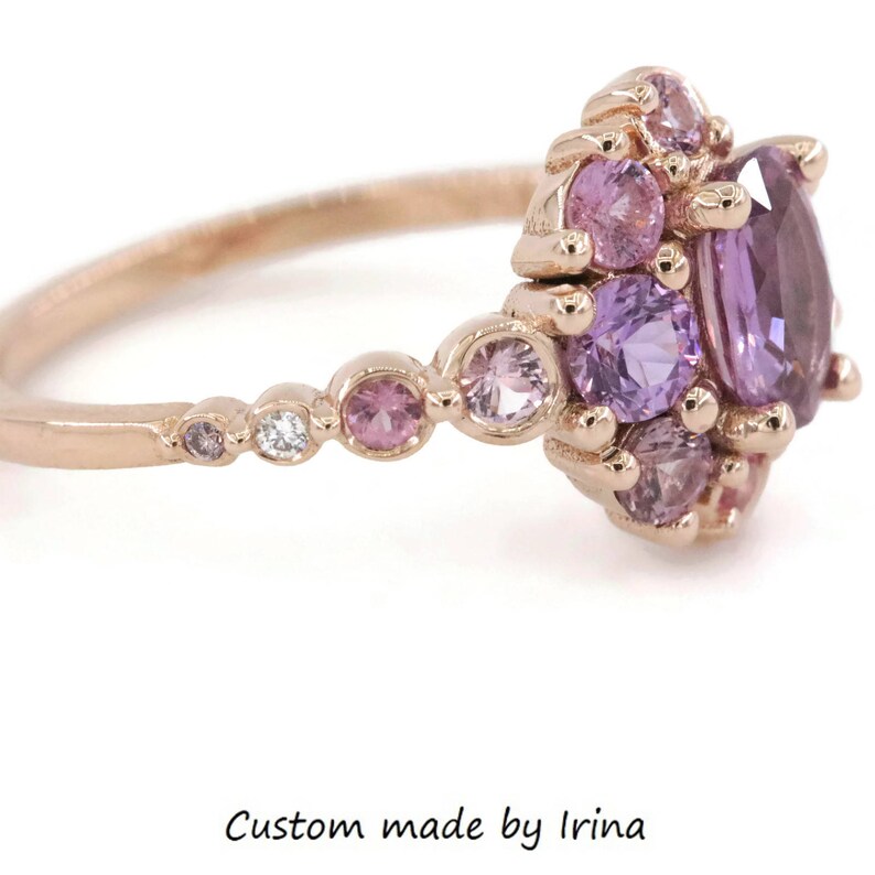 Colorful elegant One Of A Kind Ombre Cluster 1 carat Oval Pink Sapphire Ring with Celestial Half-Moon Crescent Halo