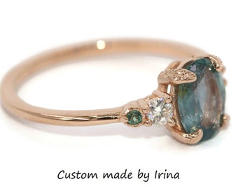 1 carat Unheated Natural Montana Sapphire and Alexandrite Ring with Hand Carved Leaf Prongs