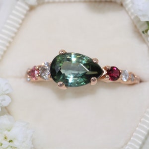 1.5 carat Teal Green Pear Tourmaline Ombré Cluster Multi Gemstone Ring