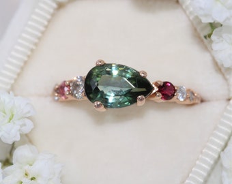 1.5 carat Teal Green Pear Tourmaline Ombré Cluster Multi Stone Ring