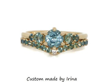 5 Stone Teal Blue Green Natural Sapphire Stones Cluster Ring 14k Solid Gold
