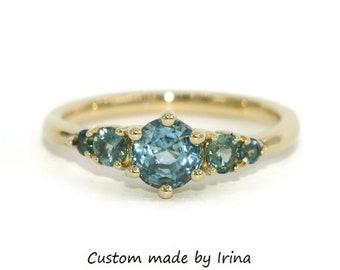 1 carat Five Stone Teal Blue Green Natural Sapphire Stones Cluster Ring Custom Made