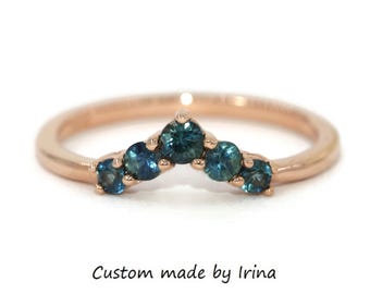 14k Solid Gold Nesting Blue Green Ombre Sapphires Flair Wedding Band