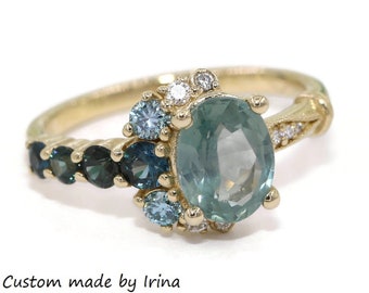 Ombre Blue Green Sapphire Cluster Engagement Ring Setting Only