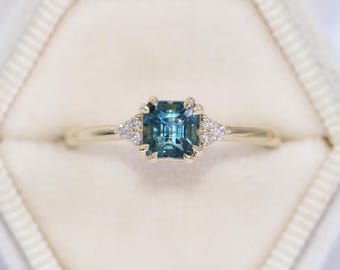 1 carat Teal Blue Green Natural Sapphire Engagement Ring Custom Made