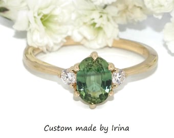 1 ct oval Green 3 Stone Teal Green Natural Sapphire Engagement Ring 14k Solid Gold