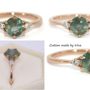 Custom made 3 Stone Montana Sapphire Engagement Ring, Teal Unheated Montana Sapphire Ring, Pastel Sapphire Ring