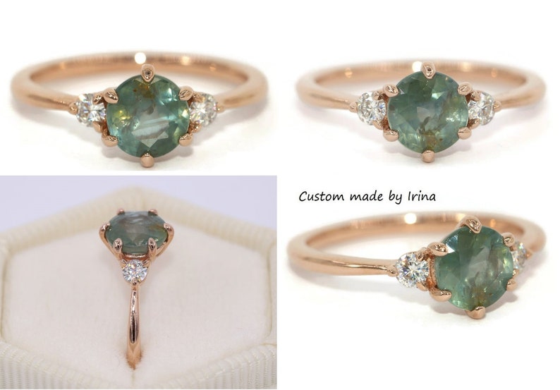 Custom made 3 Stone Montana Sapphire Engagement Ring, Teal Unheated Montana Sapphire Ring, Pastel Sapphire Ring