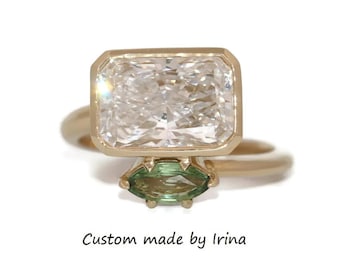 3 ct IGI Certified Radiant Lab Diamond + Marquise Sapphire Bypass Toi et Moi Engagement Ring