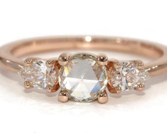 Custom Made Rose Cut Natural Diamond 3 Stone Engagement Ring