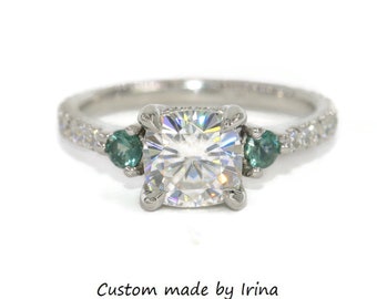 IGI Certified 2 carat Cushion Lab Diamond and Lab Alexandrite 3 Stone Ring with Hidden Diamond Halo