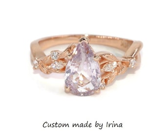 1.59 carat Pear Pastel Lavender Pink Natural Sapphire and Diamonds Vine Leaf Engagement Ring
