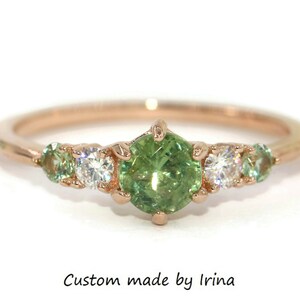 Green Unheated Montana Sapphire Ring, Round Teal Five Stone Unheated Natural Montana Sapphire Ring, 5 stone rings