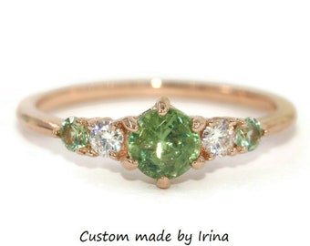 Custom Made Unheated Green Natural Montana Sapphire Five Stone Ring