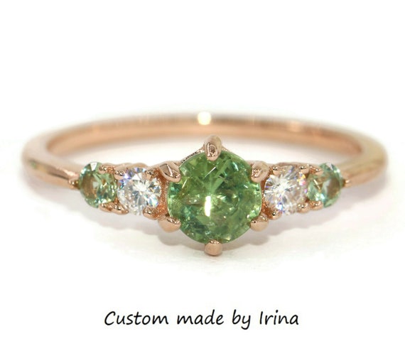 Unheated Green Natural Montana Sapphire Five Stone Ring 14k Solid Gold