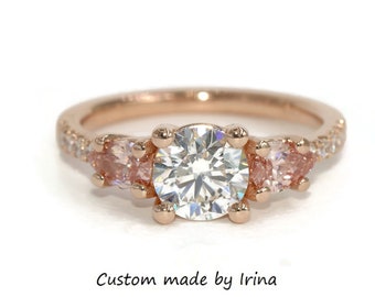 1.2 carat Lab Diamond 3 Stone Ring with Pear Pink Lab Diamond Stones