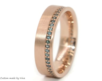 6 mm Men Wedding Ring Unisex with Offset Natural Blue Green Sapphires