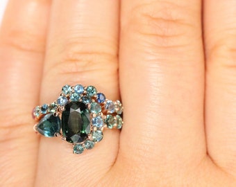 2 ct Parti Blue Green Sapphire Ombre Cluster Rings Set with Half-Moon Crescent Halo