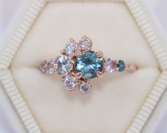1 carat Teal Blue Green Montana Sapphire Sun and Moon Cluster Ombre Engagement Ring