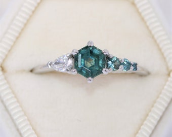 1 ct Hexagon Blue Green Natural Sapphire and Pear Diamond Ombre Cluster Engagement Ring