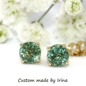 1.4 carat Round Green Natural Sapphire 4 Prongs Stud Earrings 14k Solid Gold Custom Made