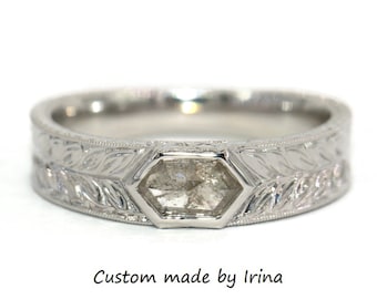 Hand Engraved Leaf Flower Pattern Hexagon Salt and Pepper Natural Diamond Cigar Ring