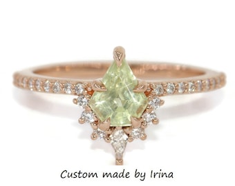 1 carat Shield Natural Sapphire and Kite Diamond Sunburst Engagement Ring 14k Rose Gold