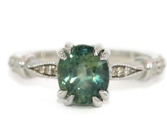 GIA Certified 3 ct Blue Green Natural Sapphire Vintage Style Flower Pattern Custom-made 14k Solid Gold Ring