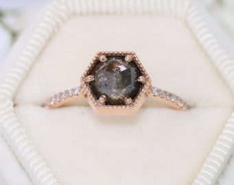 Hexagon Milgrain Frame Rustic Rose Cut Diamond Ring