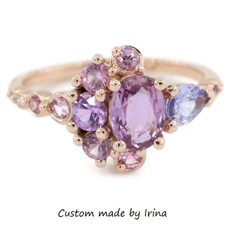 One Of A Kind Ombre Cluster 1 carat Oval Pink Sapphire Ring with Celestial Half-Moon Crescent Halo
