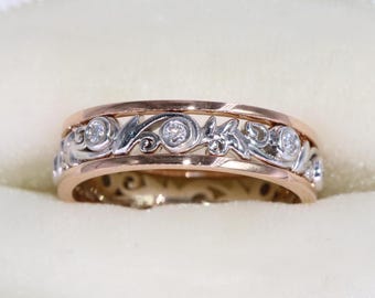 14k Mixed Gold Natural Diamonds Rustic Leaf Nature Inspired Eternity Ring Custom-Made