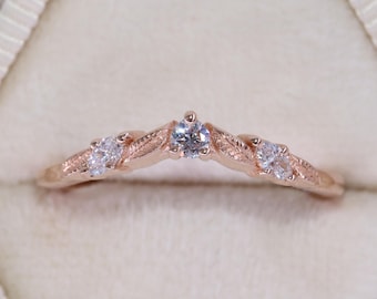 Natural Diamonds Engraved Leaves Flair Wedding Band 14k Rose Gold