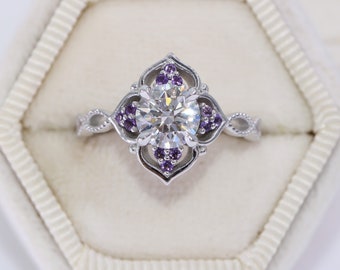 Custom Made 1 carat Round Lab Diamond 14k Gold Custom Ring with Amethyst Stones