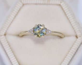 Bicolor Blue Yellow Natural Hexagon Sapphire and Natural Diamonds 14k Yellow Gold Engagement Ring